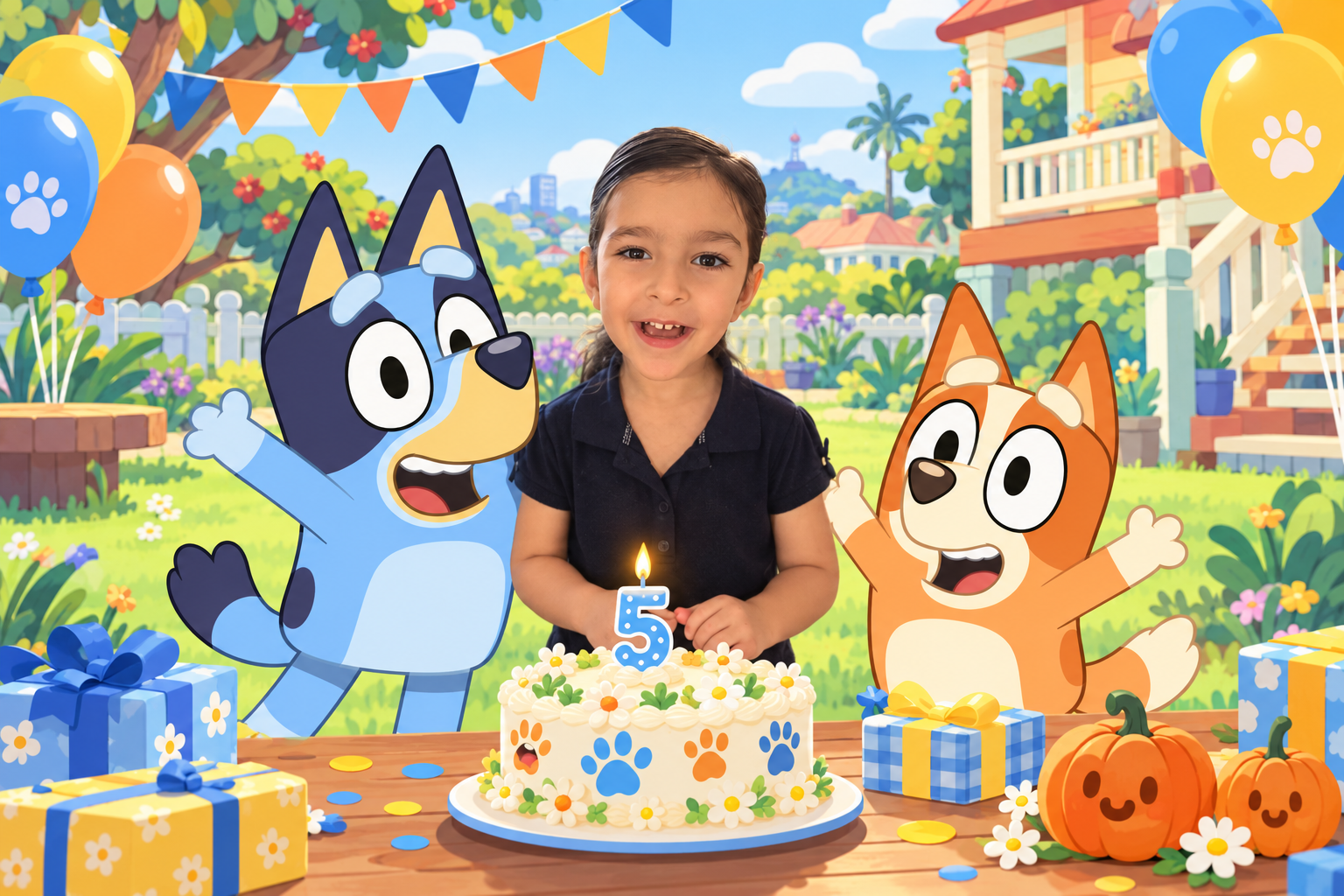 Aubaan celebrating her fifth birthday with Bluey and Bingo in a sunny backyard